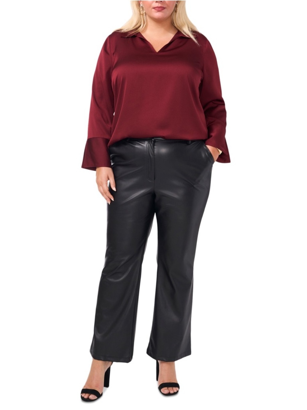 Vince Camuto Plus Size Ruby Satin Collared V Neck Blouse 1X NWT Flare Cuff - Picture 7 of 8